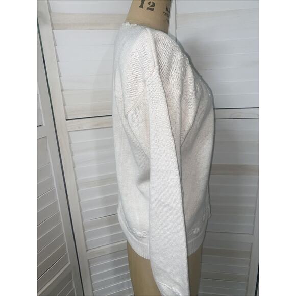 VTG 90s SML Sport Women's White Knit Cardigan Sweater Floral Needle Work Size L - Picture 3 of 6